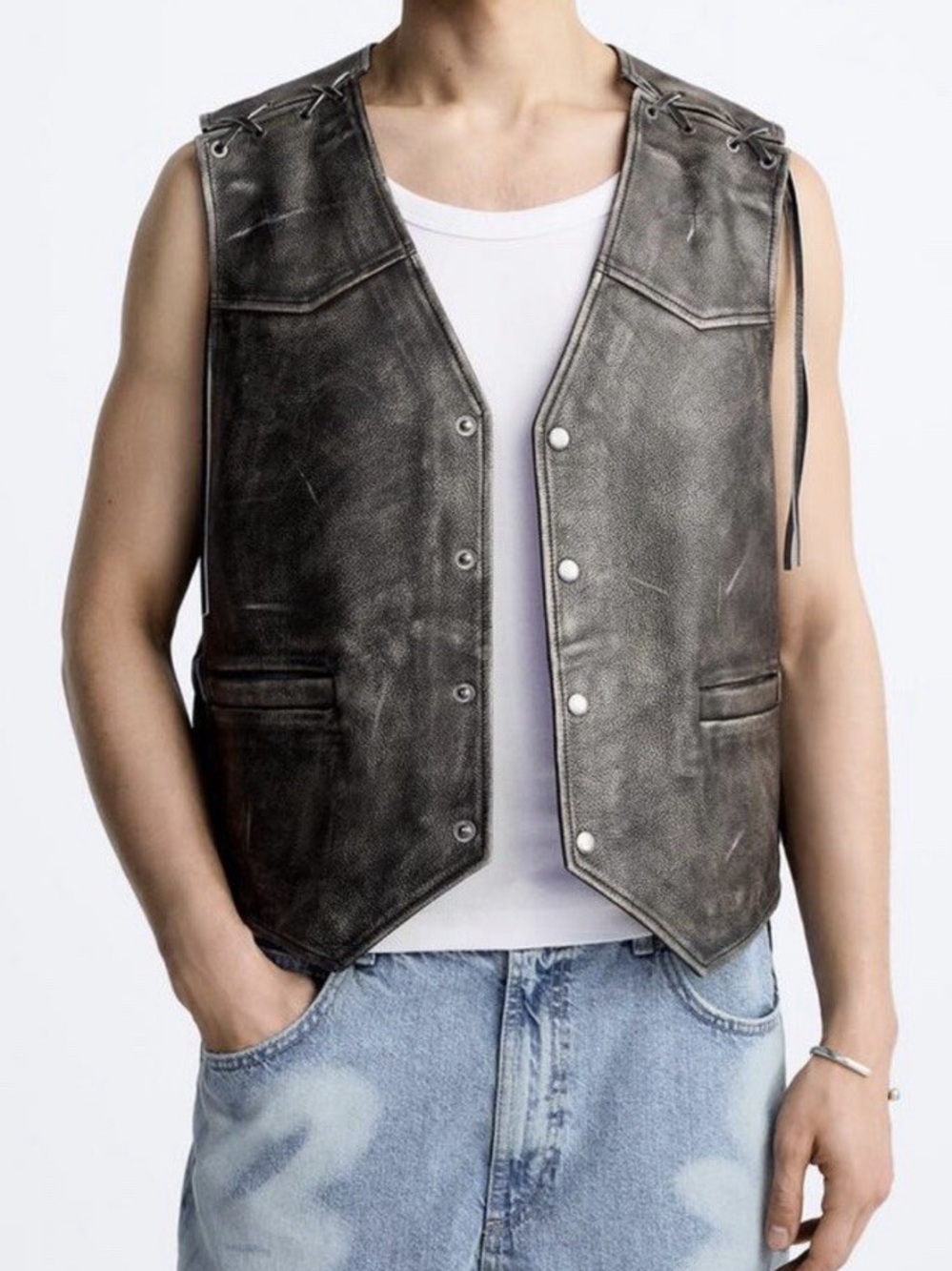 Zara Black Distressed Leather Vest with Lace-Up Shoulders